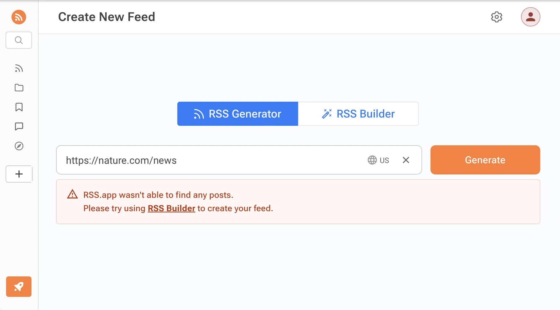 rss.app showing 'We aren't able to parse this website' for nature.com